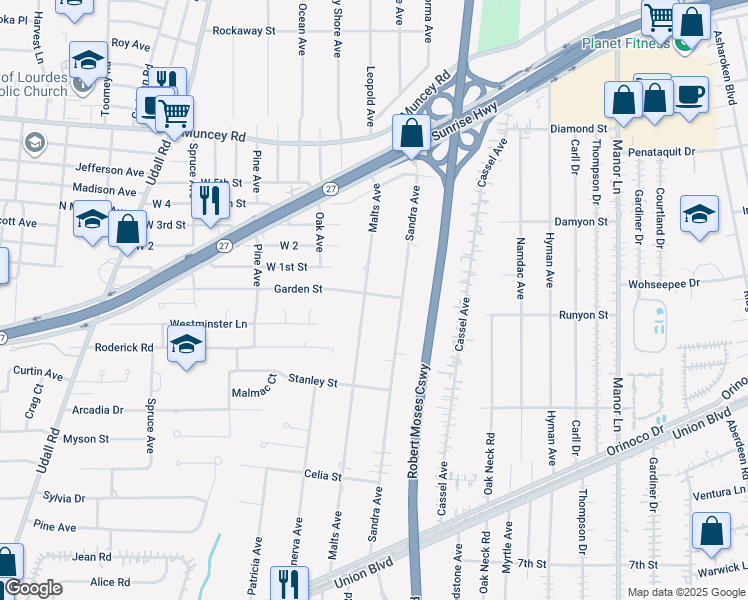 map of restaurants, bars, coffee shops, grocery stores, and more near 167 Malts Avenue in West Islip