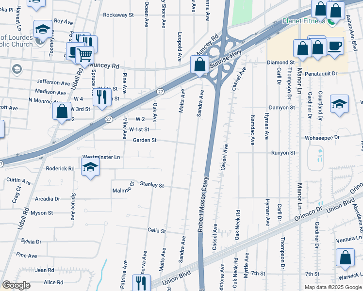 map of restaurants, bars, coffee shops, grocery stores, and more near 167 Malts Avenue in West Islip