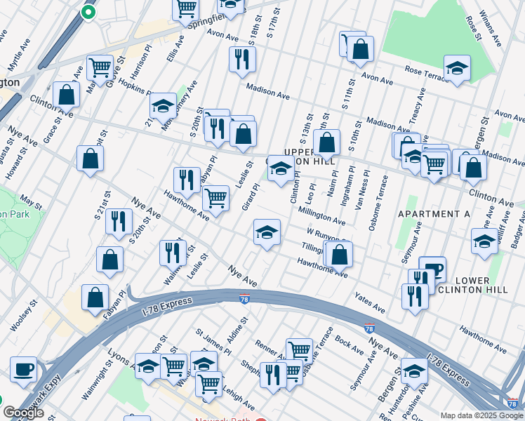map of restaurants, bars, coffee shops, grocery stores, and more near 24 White Terrace in Newark