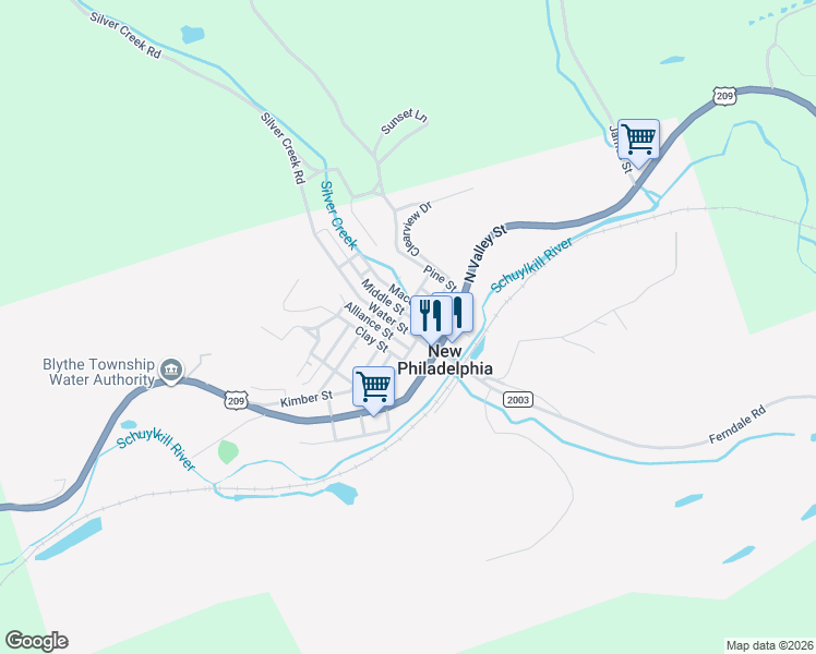 map of restaurants, bars, coffee shops, grocery stores, and more near 29 Water Street in New Philadelphia