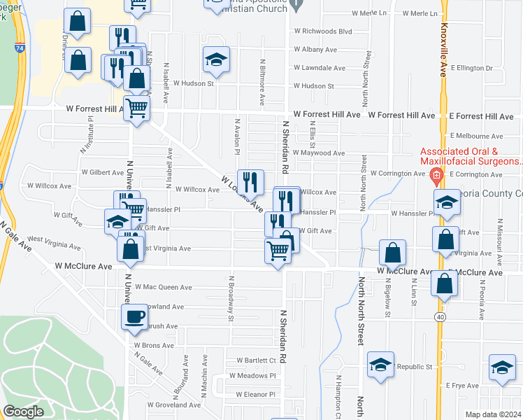 map of restaurants, bars, coffee shops, grocery stores, and more near 801 West Loucks Avenue in Peoria