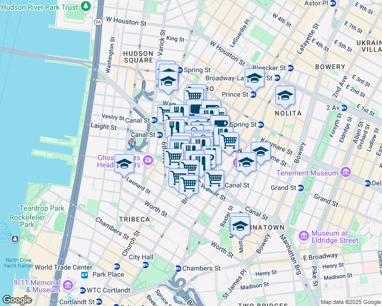 map of restaurants, bars, coffee shops, grocery stores, and more near 7 Mercer Street in New York