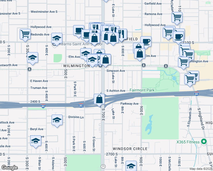 map of restaurants, bars, coffee shops, grocery stores, and more near 739 South Ashton Avenue in Salt Lake City