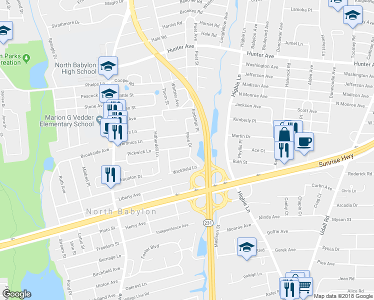 map of restaurants, bars, coffee shops, grocery stores, and more near 57 Pace Drive in North Babylon