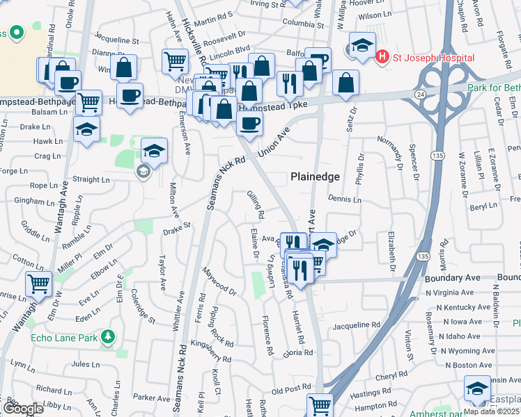 map of restaurants, bars, coffee shops, grocery stores, and more near 224 Gilling Road in Seaford