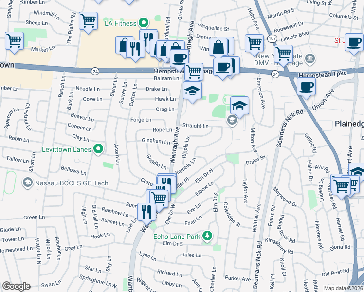 map of restaurants, bars, coffee shops, grocery stores, and more near 89 Wantagh Avenue in Levittown