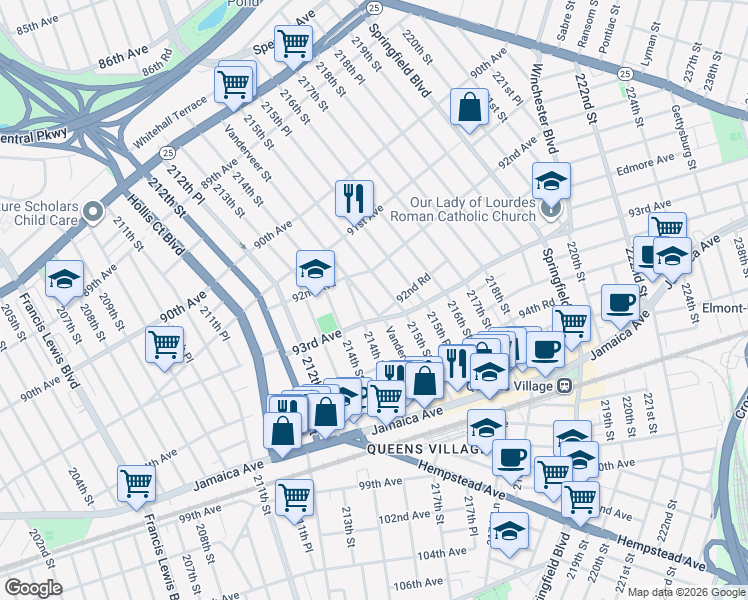 map of restaurants, bars, coffee shops, grocery stores, and more near 92-22 Vanderveer Street in Queens