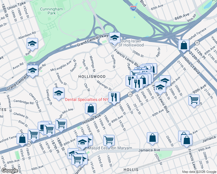 map of restaurants, bars, coffee shops, grocery stores, and more near 8743 Marengo Street in Queens