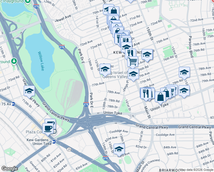 map of restaurants, bars, coffee shops, grocery stores, and more near 138-24 77th Avenue in Queens
