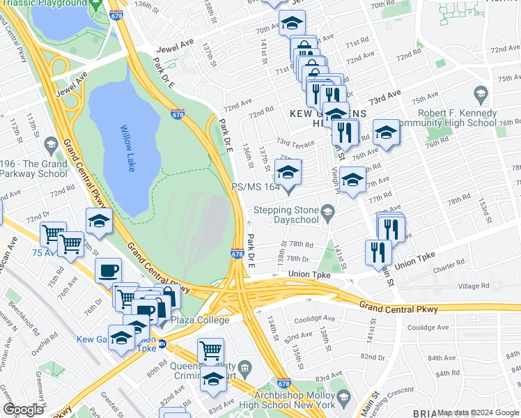 map of restaurants, bars, coffee shops, grocery stores, and more near 135-12 77th Avenue in Queens