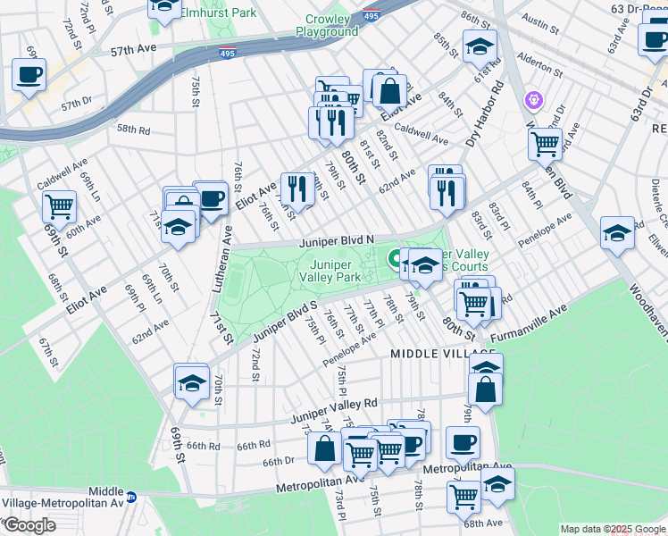 map of restaurants, bars, coffee shops, grocery stores, and more near in Queens