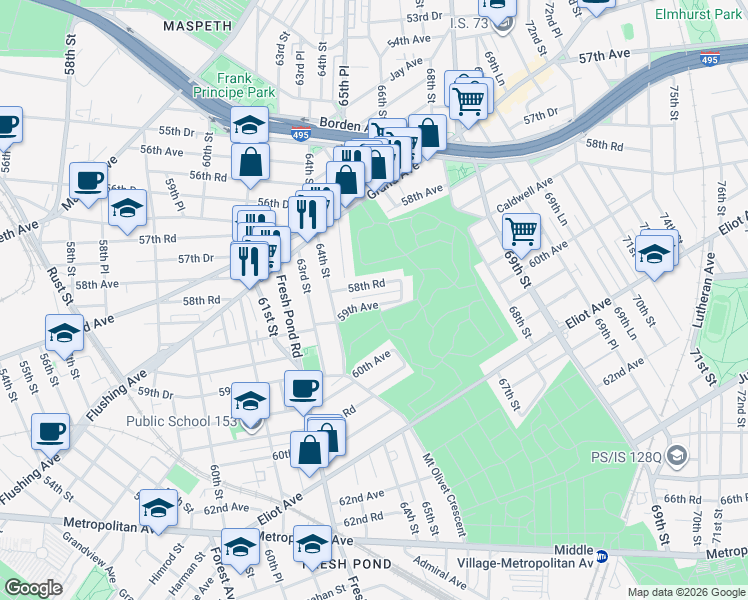 map of restaurants, bars, coffee shops, grocery stores, and more near 64-63 59th Avenue in Queens