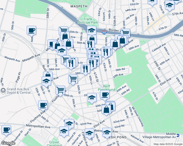 map of restaurants, bars, coffee shops, grocery stores, and more near 60-78 Flushing Avenue in Queens