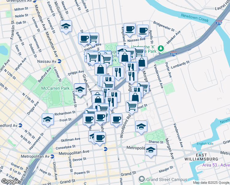 map of restaurants, bars, coffee shops, grocery stores, and more near 71 Herbert Street in Brooklyn