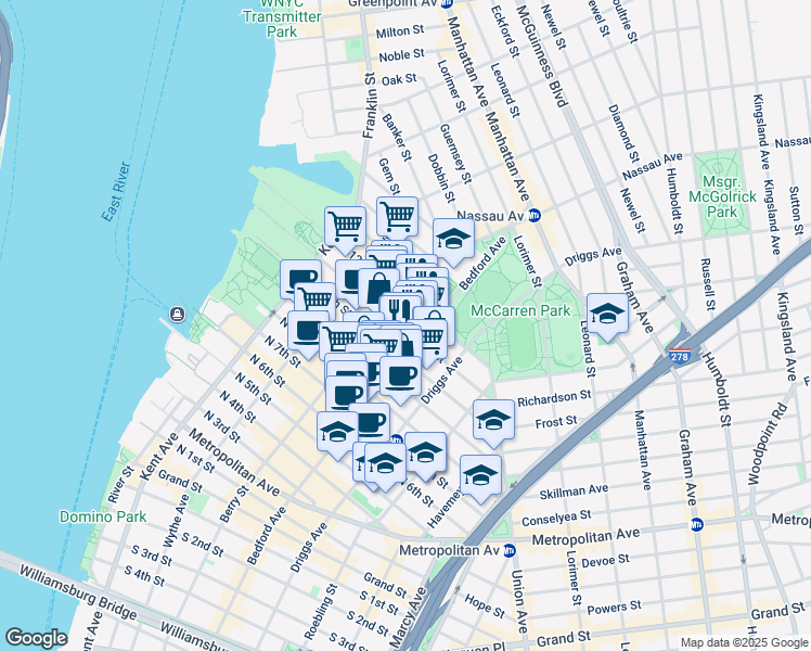 map of restaurants, bars, coffee shops, grocery stores, and more near 135 North 11th Street in Brooklyn