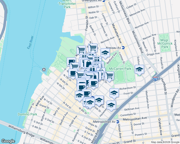 map of restaurants, bars, coffee shops, grocery stores, and more near 135 North 11th Street in Brooklyn