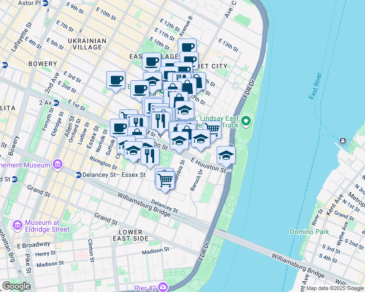 map of restaurants, bars, coffee shops, grocery stores, and more near 302 East 2nd Street in New York