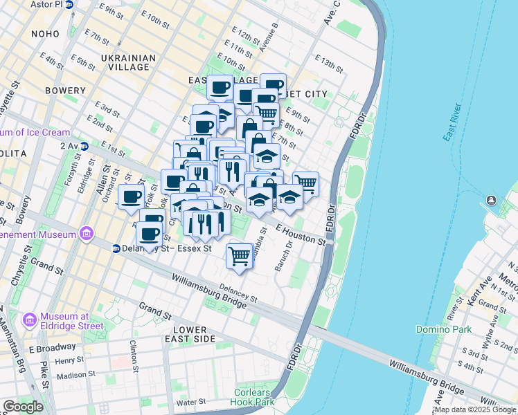 map of restaurants, bars, coffee shops, grocery stores, and more near 274 East 2nd Street in New York