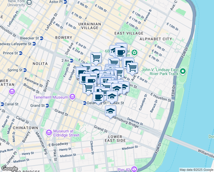 map of restaurants, bars, coffee shops, grocery stores, and more near 25 Clinton Street in New York