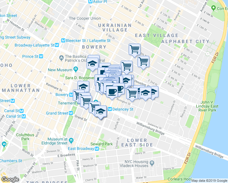 map of restaurants, bars, coffee shops, grocery stores, and more near 113 Rivington Street in New York