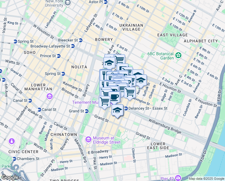 map of restaurants, bars, coffee shops, grocery stores, and more near 184 Eldridge Street in New York
