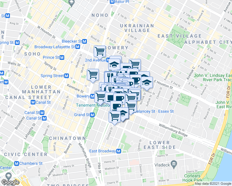 map of restaurants, bars, coffee shops, grocery stores, and more near 184 Eldridge Street in New York