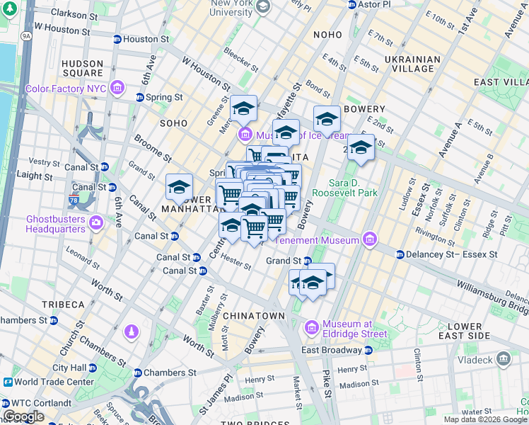 map of restaurants, bars, coffee shops, grocery stores, and more near 384 Broome Street in New York