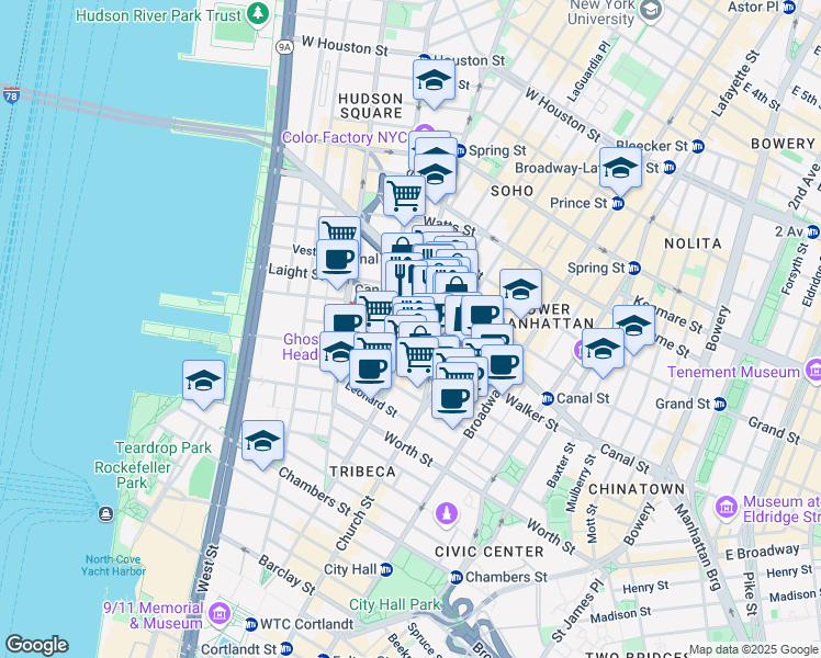 map of restaurants, bars, coffee shops, grocery stores, and more near 47 6th Avenue in New York