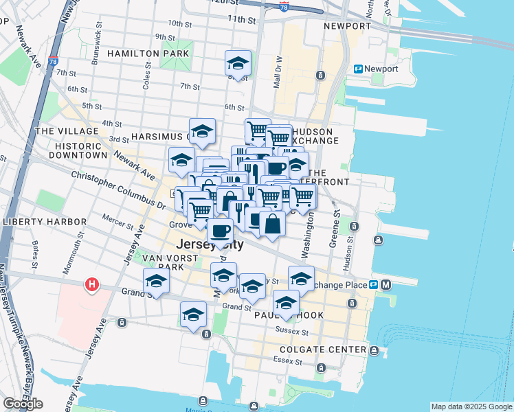 map of restaurants, bars, coffee shops, grocery stores, and more near 133 Morgan Street in Jersey City