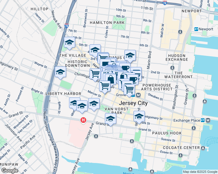 map of restaurants, bars, coffee shops, grocery stores, and more near 524 Jersey Avenue in Jersey City