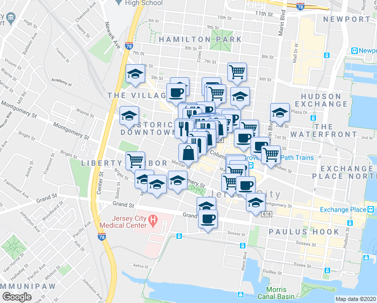 map of restaurants, bars, coffee shops, grocery stores, and more near 116 Wayne Street in Jersey City