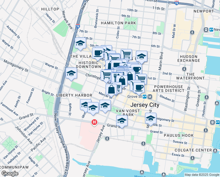 map of restaurants, bars, coffee shops, grocery stores, and more near 116 Wayne Street in Jersey City