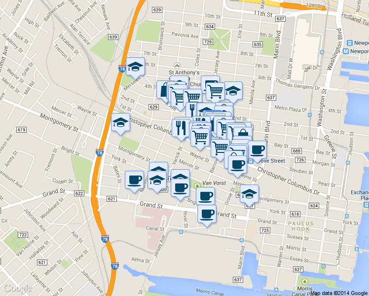 map of restaurants, bars, coffee shops, grocery stores, and more near 116 Wayne Street in Jersey City