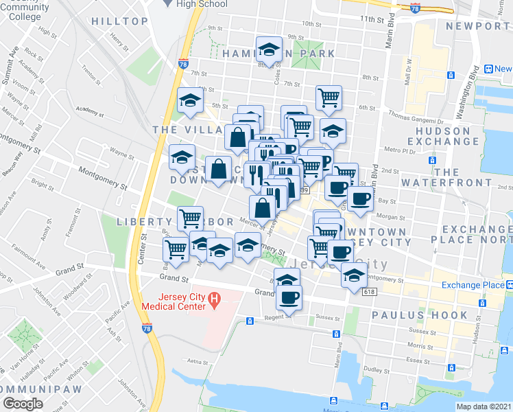map of restaurants, bars, coffee shops, grocery stores, and more near 153-139 Wayne Street in Jersey City