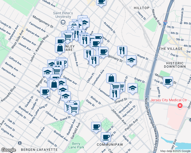 map of restaurants, bars, coffee shops, grocery stores, and more near 128 Cornelison Avenue in Jersey City