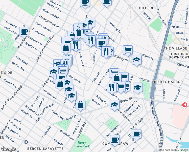 map of restaurants, bars, coffee shops, grocery stores, and more near 75A Clifton Place in Jersey City