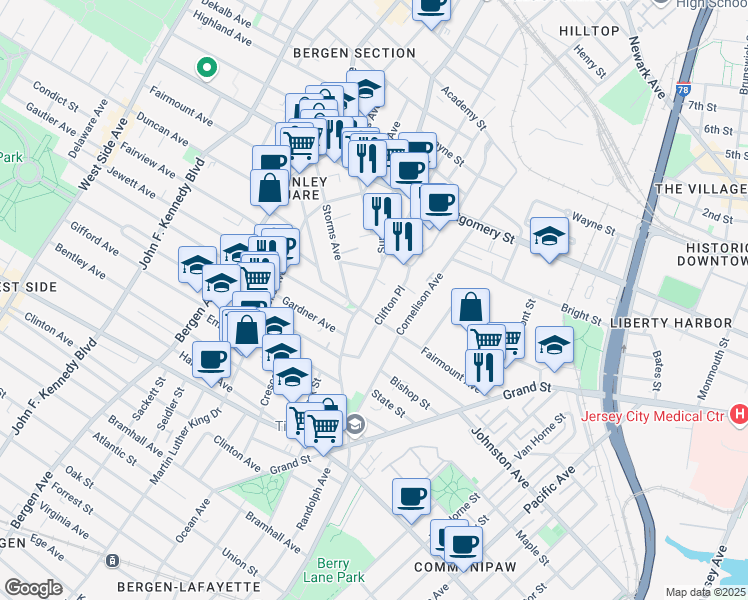 map of restaurants, bars, coffee shops, grocery stores, and more near 75A Clifton Place in Jersey City