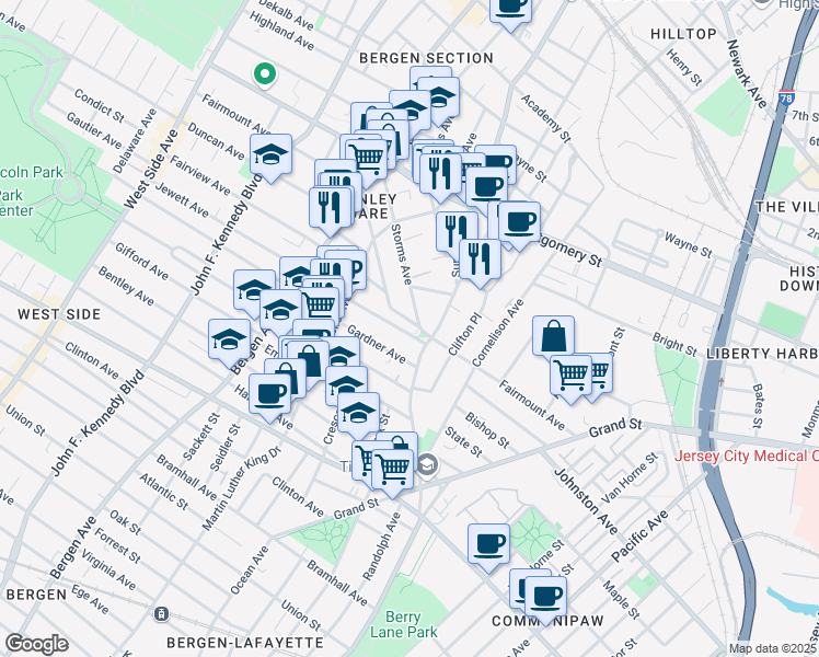 map of restaurants, bars, coffee shops, grocery stores, and more near 158 Fairmount Avenue in Jersey City