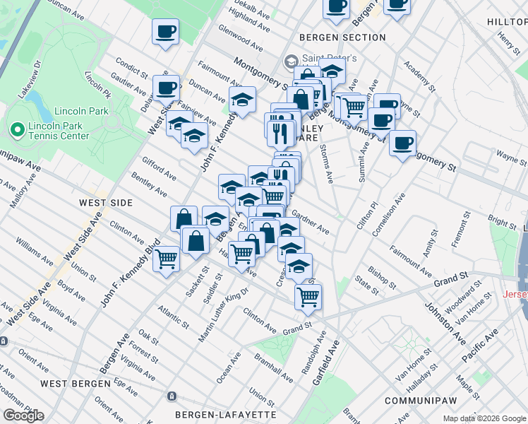 map of restaurants, bars, coffee shops, grocery stores, and more near 100 Belmont Avenue in Jersey City