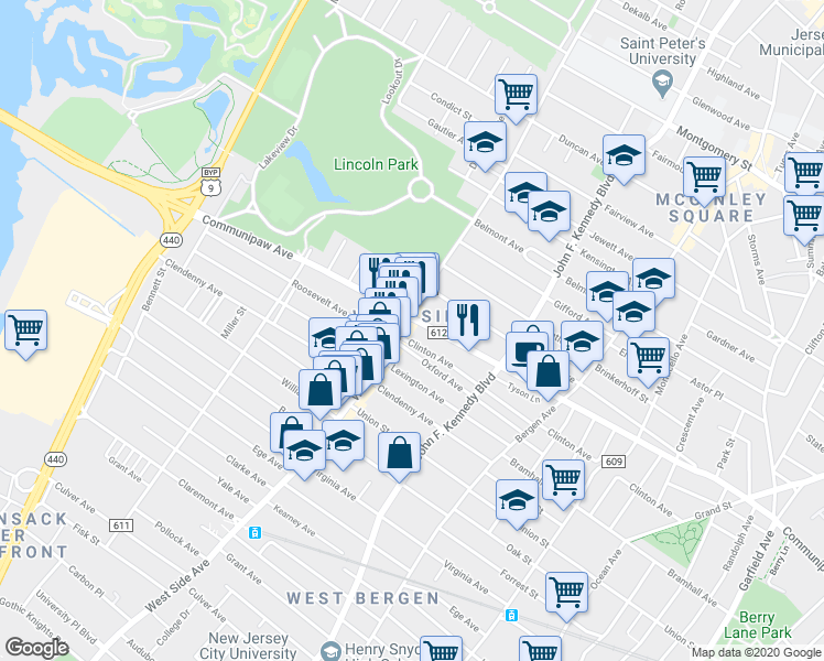 map of restaurants, bars, coffee shops, grocery stores, and more near in Jersey City