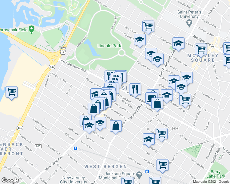 map of restaurants, bars, coffee shops, grocery stores, and more near in Jersey City