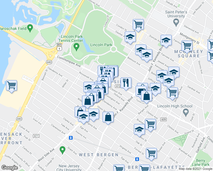 map of restaurants, bars, coffee shops, grocery stores, and more near in Jersey City