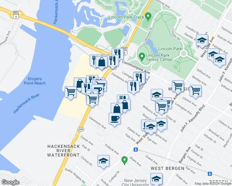 map of restaurants, bars, coffee shops, grocery stores, and more near 283 Boyd Avenue in Jersey City
