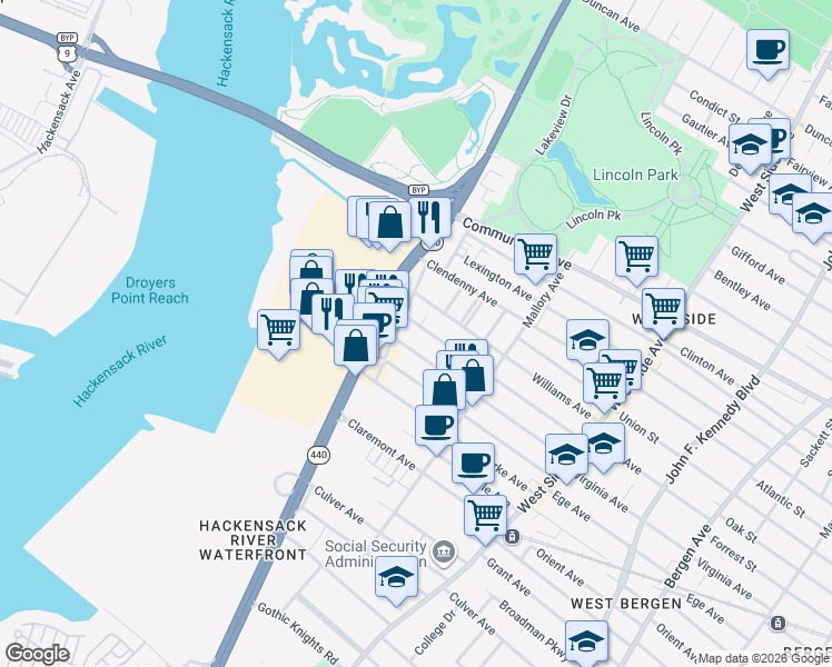 map of restaurants, bars, coffee shops, grocery stores, and more near 283 Boyd Avenue in Jersey City