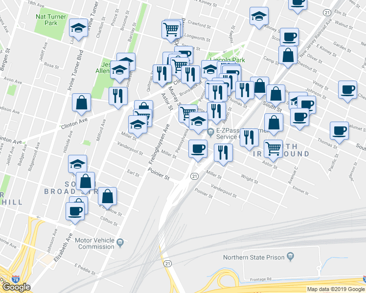 map of restaurants, bars, coffee shops, grocery stores, and more near 137 Pennsylvania Avenue in Newark