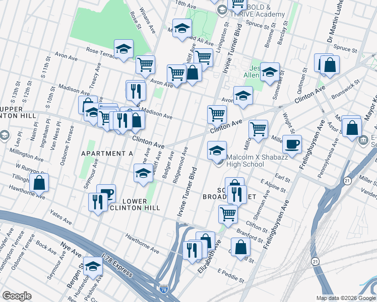 map of restaurants, bars, coffee shops, grocery stores, and more near 394 Irvine Turner Boulevard in Newark