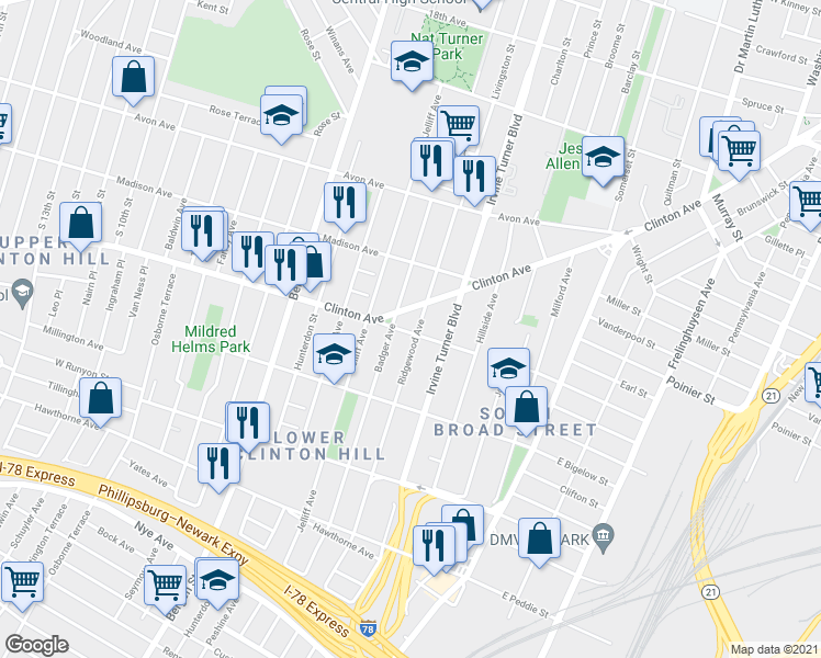 map of restaurants, bars, coffee shops, grocery stores, and more near 107 West Alpine Street in Newark