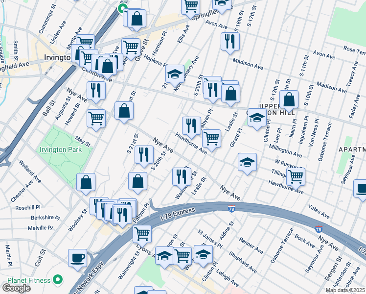 map of restaurants, bars, coffee shops, grocery stores, and more near in Newark