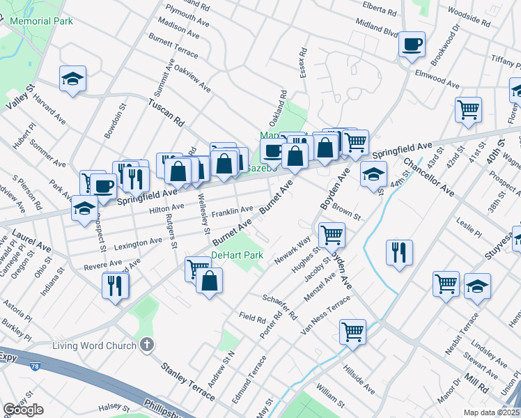 map of restaurants, bars, coffee shops, grocery stores, and more near 83 Burnett Avenue in Maplewood