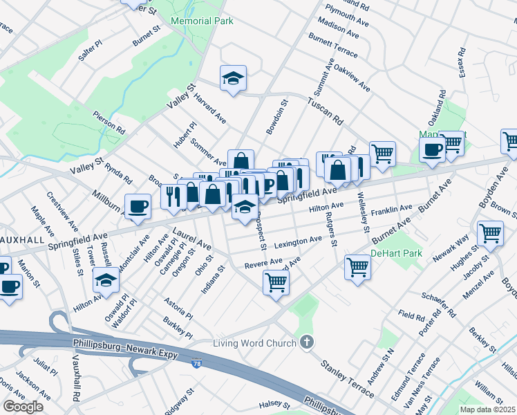map of restaurants, bars, coffee shops, grocery stores, and more near 1873 Springfield Avenue in Maplewood